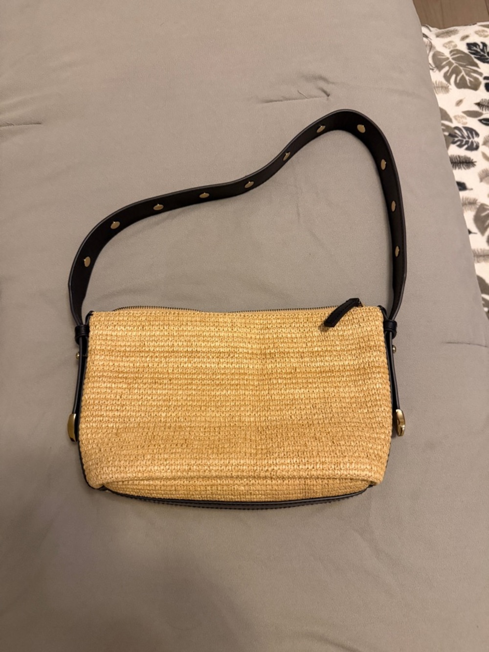 Madewell Straw Shoulder Bag with Black Leather Strap